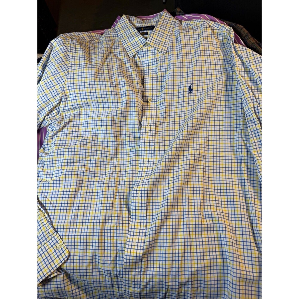 Ralph Lauren Men's XL White Blue Yellow Plaid Long Sleeve Button-Up Stretch